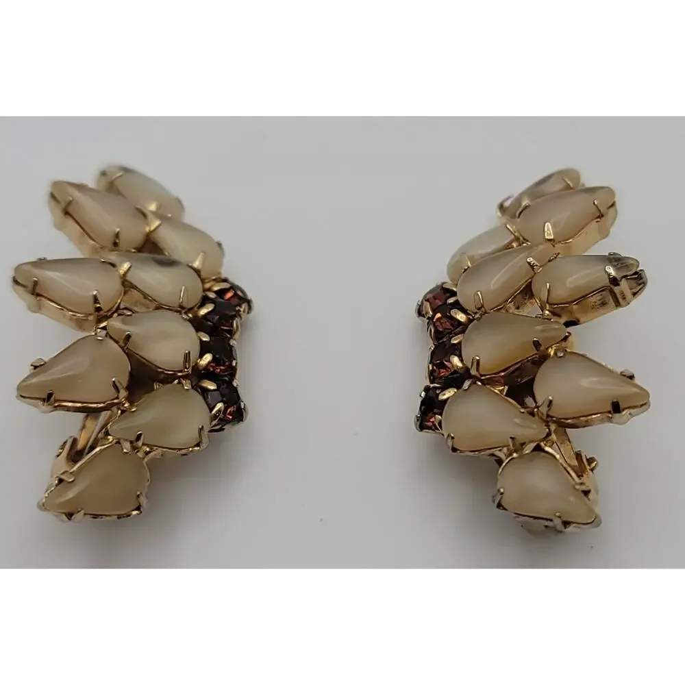 Vintage Gold-tone Clip On Earrings Frosted Pear Shaped Cabochons